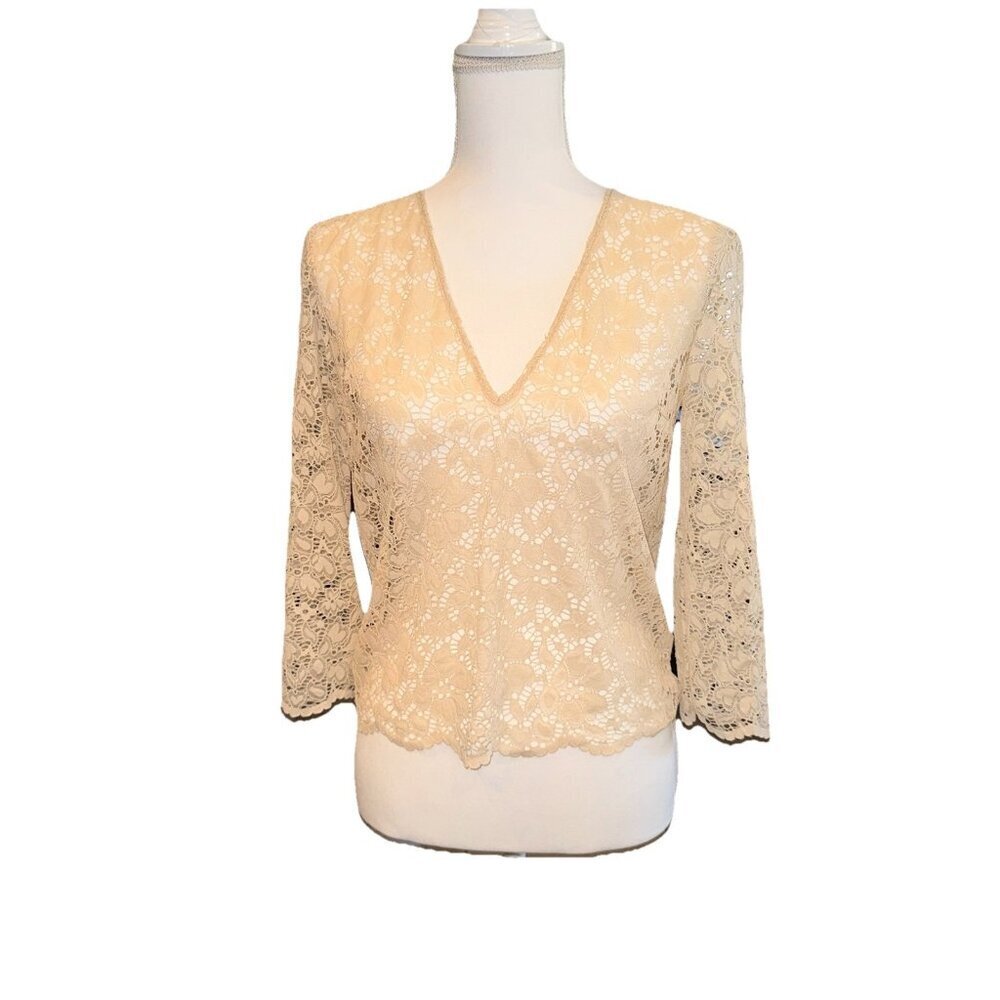 Zara Basic Collection Blouse Women’s Medium Cream Lace 3/4 Sleeve Scalloped Hem